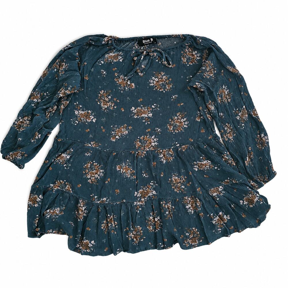Blue B Collection Women’s S Green Floral Peasant Blouse Long Sleeve Boho